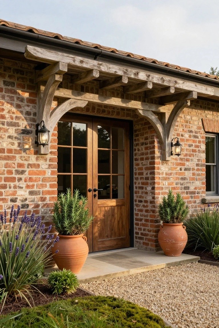 Brick house entrance with rustic exposed timber beams forming an arched porch over a double wooden door with eight glass panes, flanked by wall lanterns and large terracotta pots of lavender and rosemary on a gravel path.
