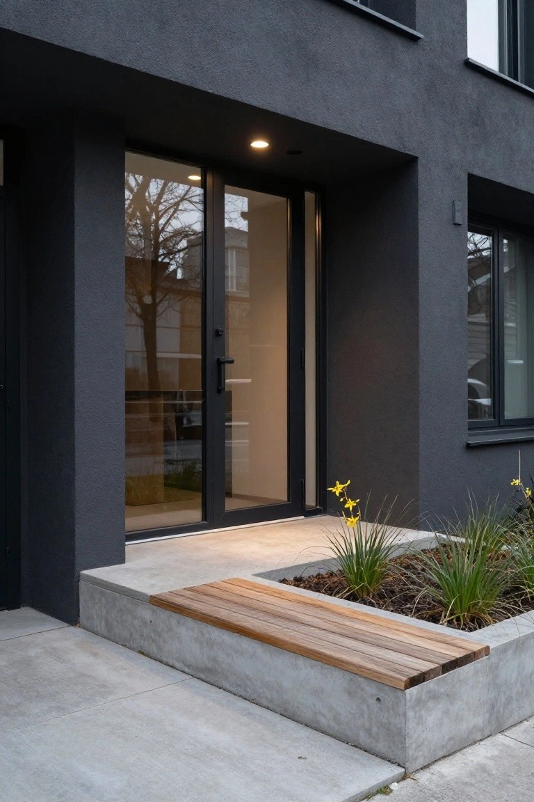 Wood Bench on Entry Planter