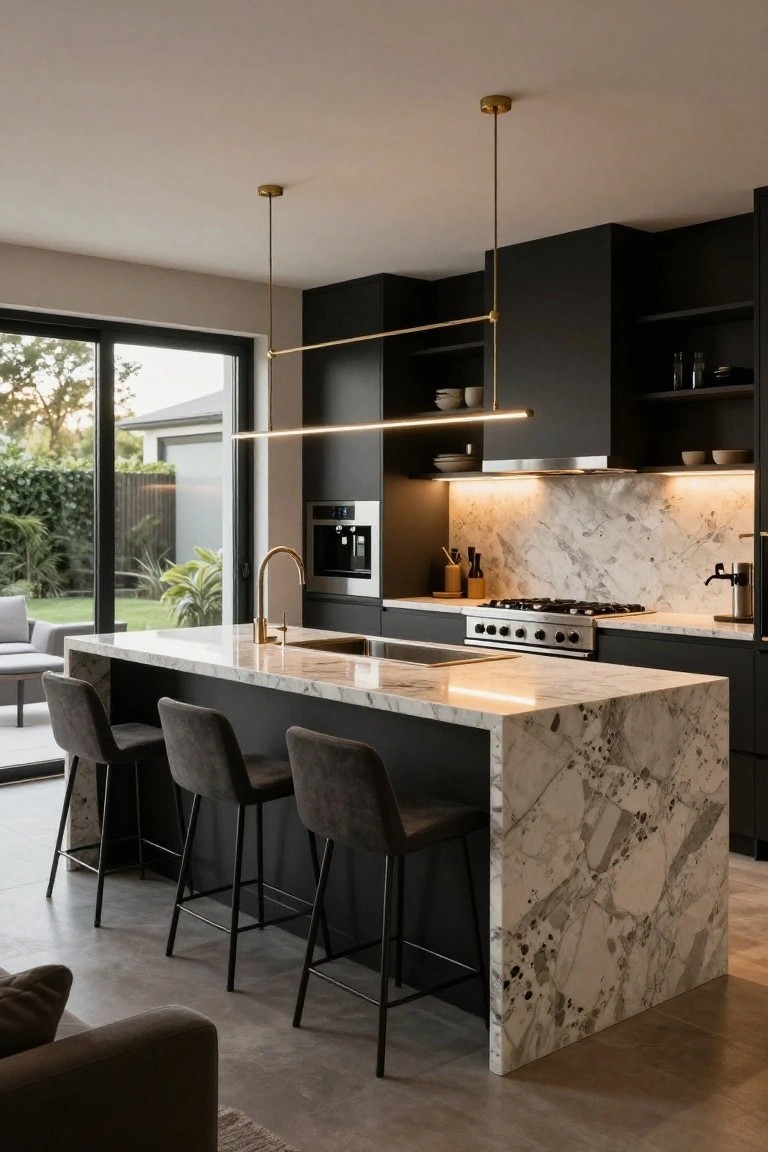 Modern open-concept kitchen with matte black cabinets, white veined marble countertops and waterfall-edge island, four black upholstered bar stools, gold faucet, and glass doors overlooking a backyard garden.