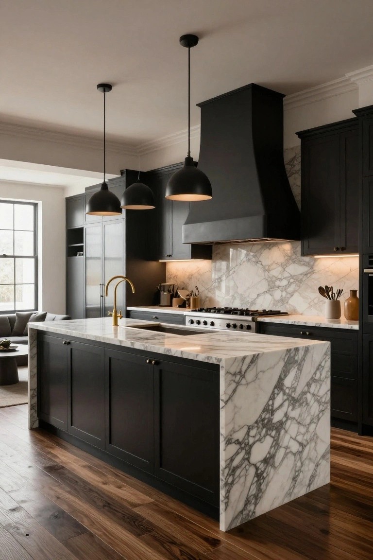 Kitchen featuring black cabinets, white veined marble countertops and island, gold gooseneck faucet, black range hood over gas cooktop, under-cabinet lighting, and light wood flooring.