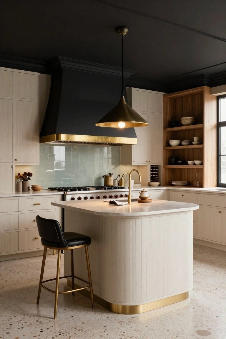 Luxury kitchen interior with black ceiling and matte black range hood trimmed in gold, off-white paneled cabinets, curved white marble-topped island with gold base and legs, brass pendant light, green glass tile backsplash, and terrazzo flooring.