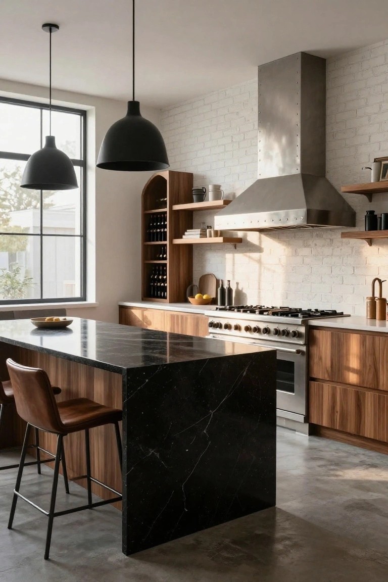 Modern open kitchen featuring a black marble island countertop, wood cabinets, white brick backsplash, stainless steel range and hood, black pendant lights, and two leather bar stools.