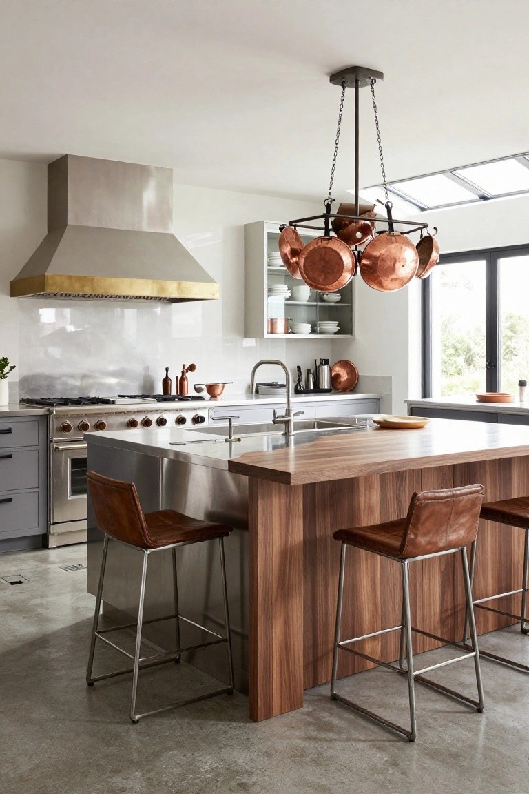 Modern open-concept kitchen with stainless steel appliances, gray cabinets, wooden island with tan leather bar stools, polished concrete floor, and a chandelier made of multiple hanging copper pans above the island.