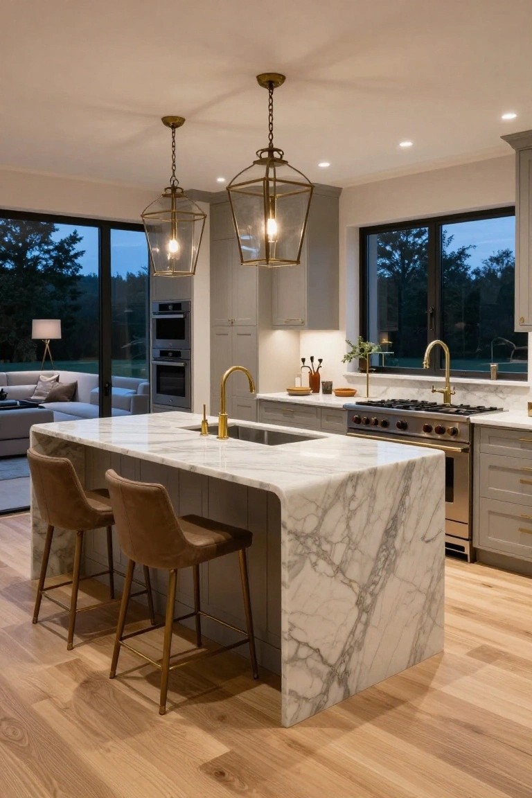 Open-concept kitchen with curved white marble island countertop extending to floor, two tan leather bar stools, gold faucets and hardware, gray cabinets, and large windows showing trees outside.