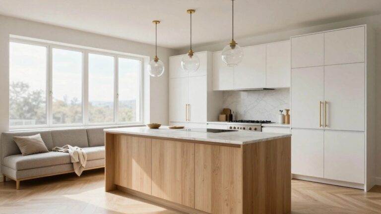 Modern open kitchen with navy blue lower cabinets and island base, white upper cabinets, white marble waterfall countertop on the island with oak wood paneling on one side, gold pendant lights, brass bar stools, gold faucet, and herringbone oak flooring.