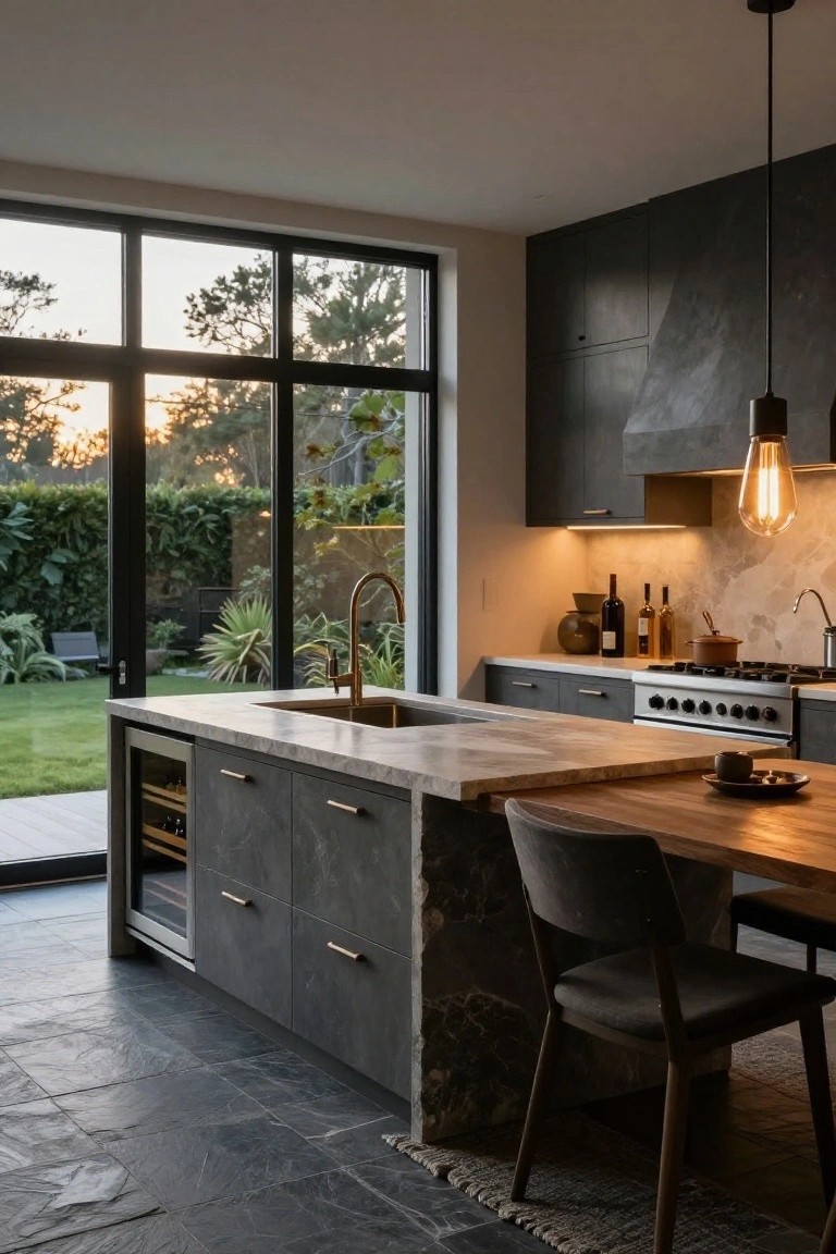 Modern kitchen with dark matte cabinets, large light stone island containing sink and wine cooler, brass gooseneck faucet, wooden table with upholstered chairs, and floor-to-ceiling windows overlooking garden at sunset.