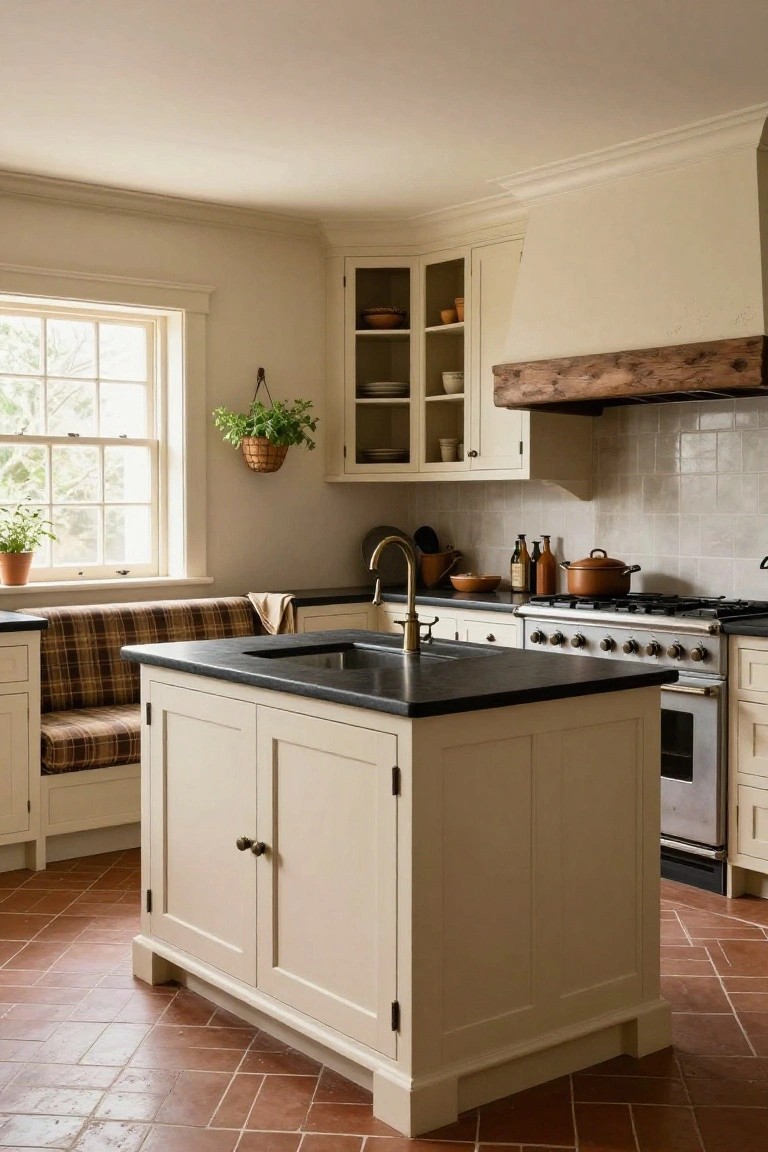 Cream cabinetry kitchen with central freestanding island topped in black, integrated plaid bench seating along one side, brass faucet at sink, terracotta tile floor, and window with plants.