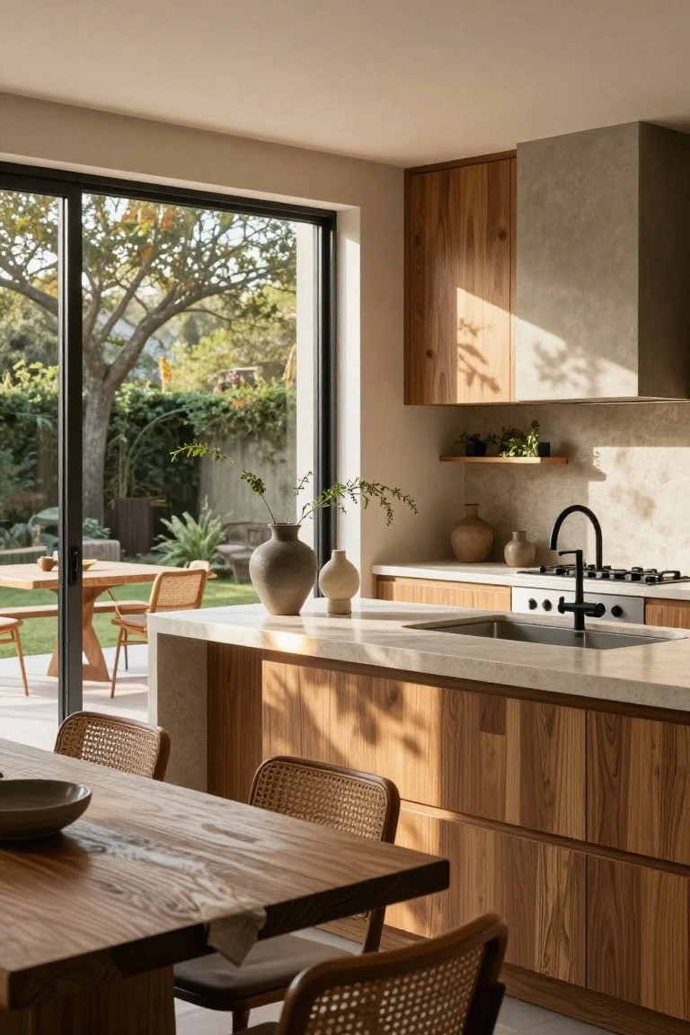 Light modern kitchen with wooden cabinets and island, white stone counters, black faucet and cooktop, rattan chairs at a wooden table, and large sliding glass doors opening to a lush garden patio.