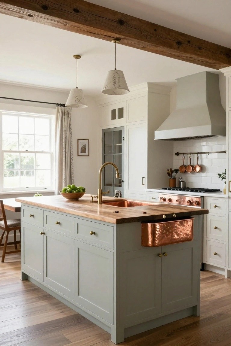Light gray kitchen island with wooden countertop and hammered copper farmhouse sink, brass faucet, wooden bowl of limes, adjacent white cabinetry, cooktop, and exposed wooden beams.
