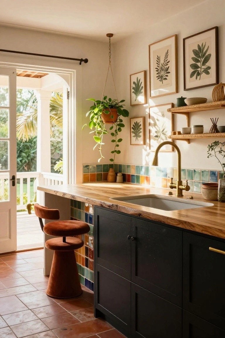 Kitchen peninsula with live-edge wood countertop, two rust-colored stools, multicolored hand-painted tiles on backsplash and cabinets, brass faucet in sink, open French doors to tropical patio, and wall art of leaves.