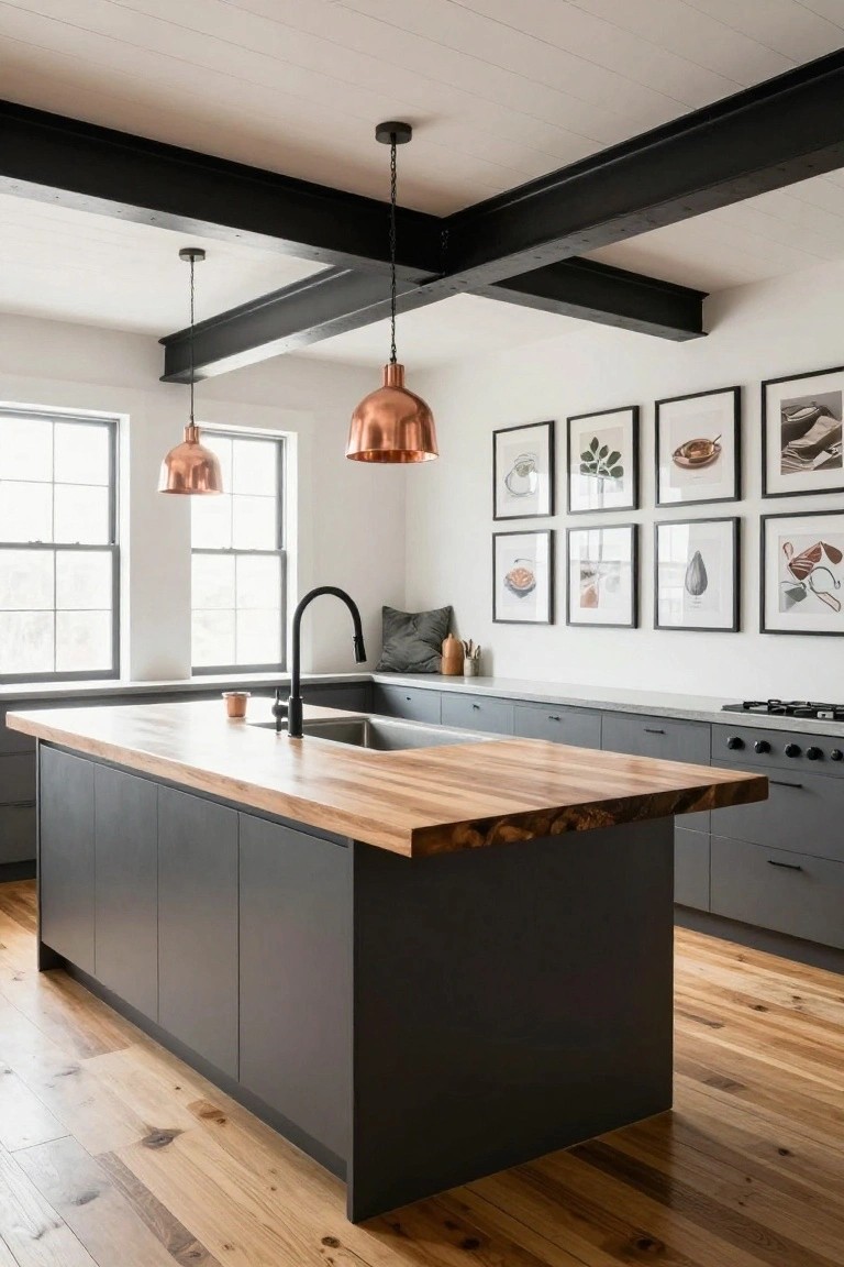 Modern open-concept kitchen with central island topped by live-edge wood slab, dark gray cabinets, exposed black steel beams on white shiplap ceiling, copper pendant lights, and gallery wall of framed art near windows and gas range.