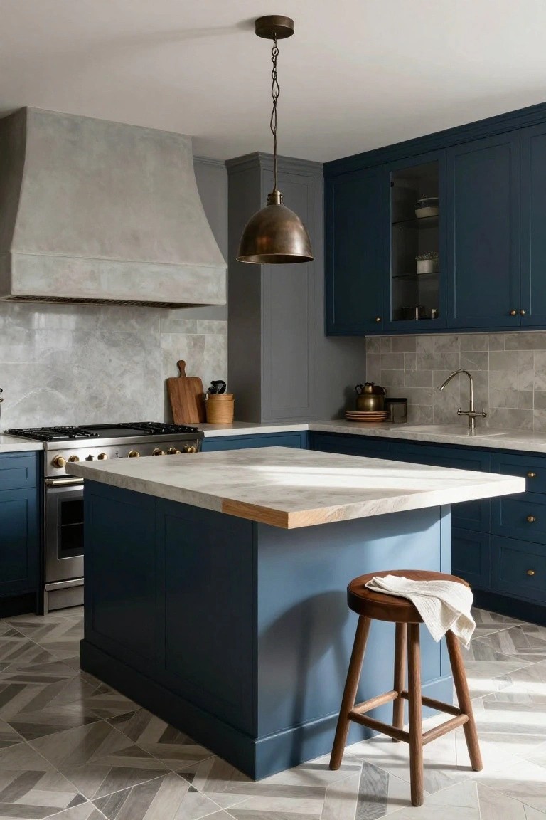 Modern kitchen with navy blue cabinets, white marble island topped with a wooden stool draped in a white cloth, gray subway tile backsplash, stainless steel range under a concrete hood, and herringbone floor tiles.