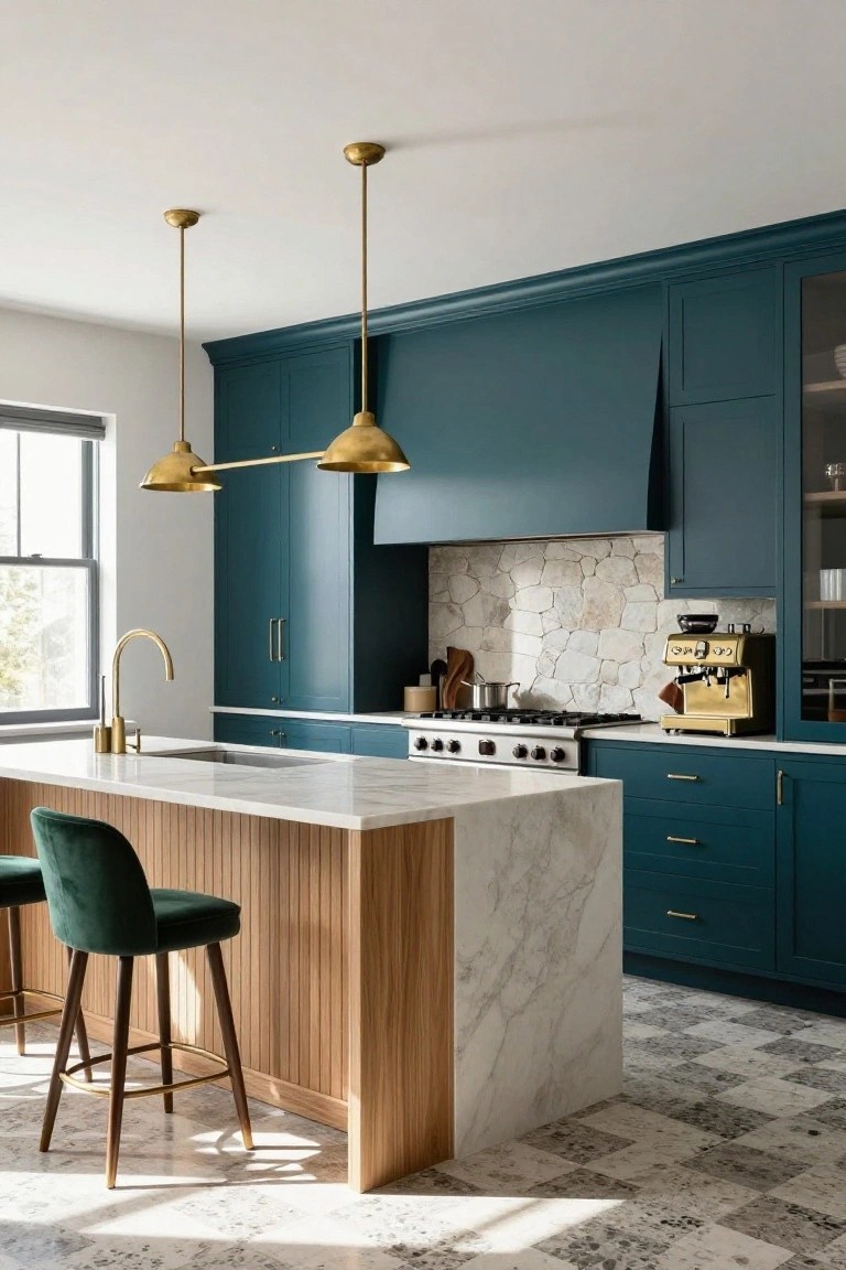 Open-concept kitchen with navy blue cabinets, wood-paneled island topped in white marble, gold pendant lights, brass faucet, green velvet bar stools, and terrazzo tile floor.