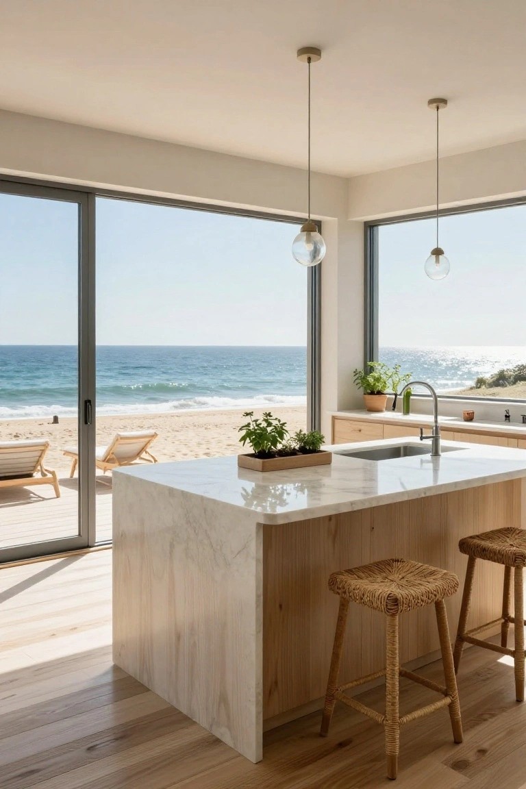 Light wood kitchen island with rattan stools and marble countertop, facing large sliding glass doors open to sandy beach, ocean waves, lounge chairs, and pendant lights overhead.
