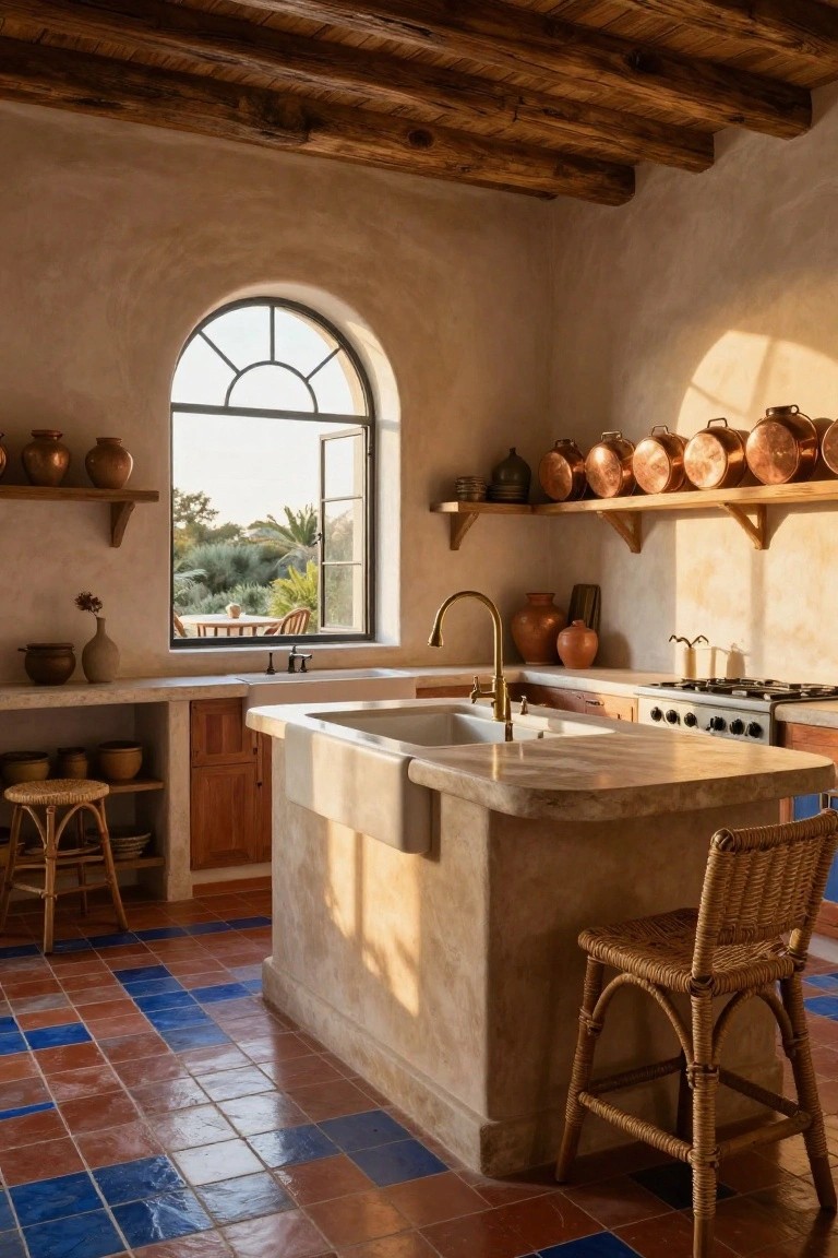 Rustic kitchen interior with exposed wood beam ceiling, beige plaster walls, large central white stone island featuring double farmhouse sinks and gold faucet, rattan bar stools, copper pots on wooden shelves, arched window overlooking greenery, and terracotta floor tiles with blue accents.