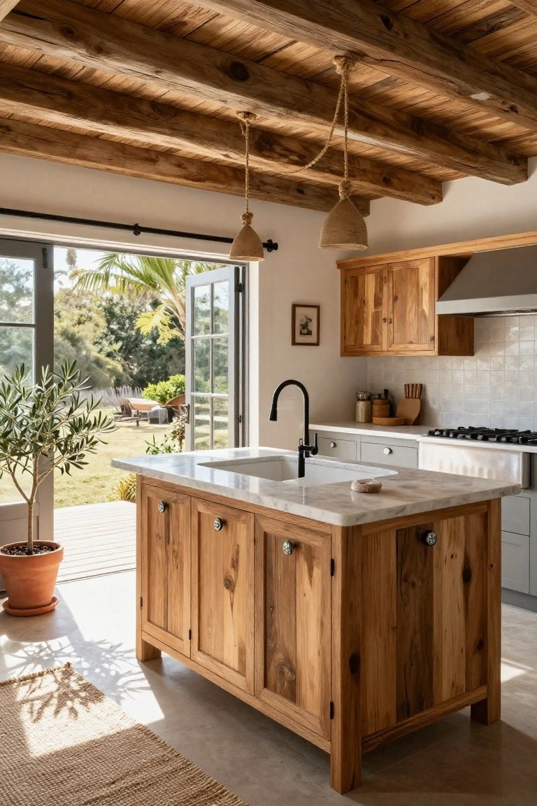 Kitchen interior with exposed wooden beam ceiling, central freestanding island of rich wood with white marble top and integrated sink, warm wood cabinets, black faucet, and large open doors revealing garden patio, potted olive tree, and lounge chairs outside.