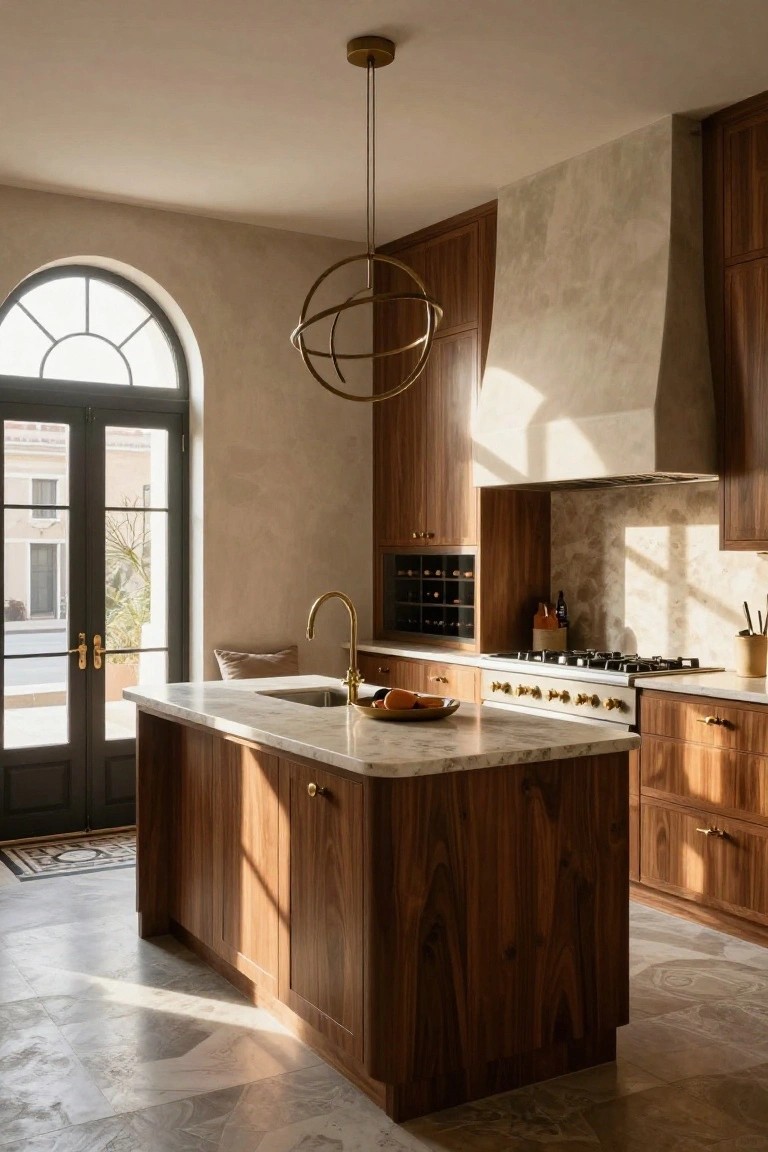 Kitchen interior featuring dark walnut cabinets, white marble island with sink and gold faucet, arched French doors to outdoors, and a large orb pendant light.