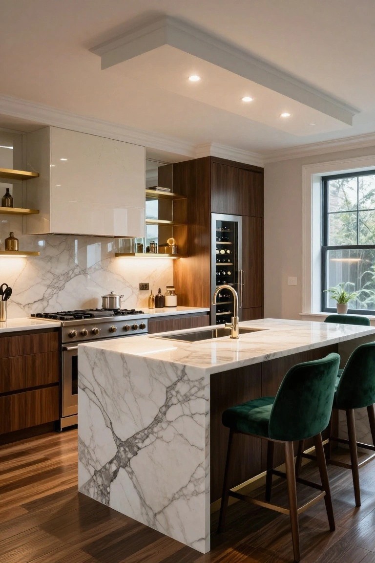 Open kitchen with white veined marble backsplash and waterfall island, wood cabinets, green velvet barstools, stainless steel range, and wine fridge beside a large window.
