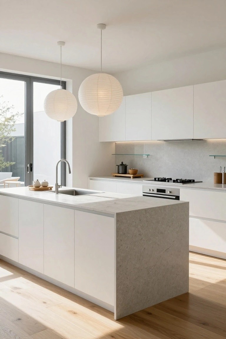 Modern open kitchen with white flat-panel cabinets, large central island topped by light veined stone with integrated sink, two hanging white paper lantern pendants overhead, glass sliding doors to garden patio, and light oak flooring.