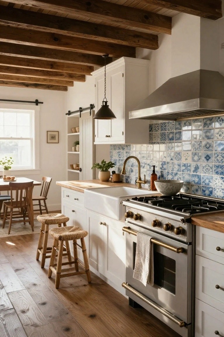 Open kitchen interior with dark exposed wooden ceiling beams, white cabinets, blue patterned tile backsplash, brass faucet, farmhouse sink, stainless steel range, wood-topped island with rattan stools, wood flooring, and adjacent dining table with wooden chairs near a window.