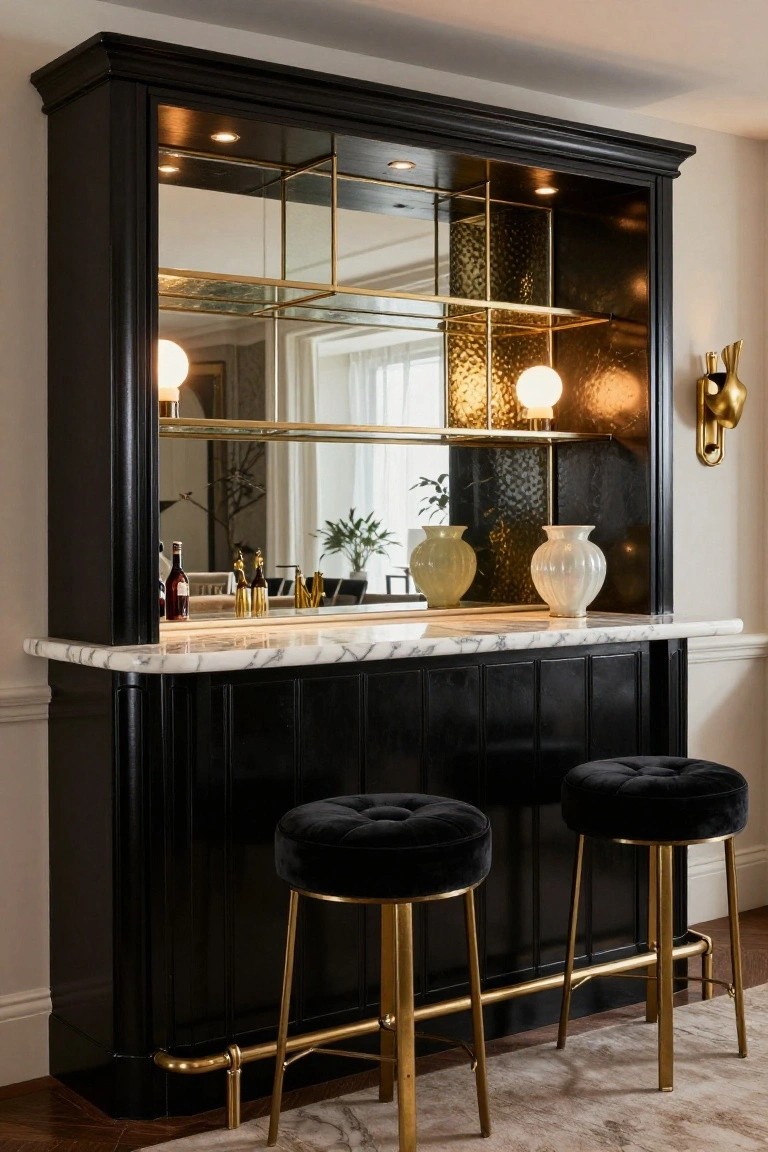 Tall black wooden bar cabinet with gold metal frames around mirrored and lit shelves displaying bottles, gold figurines, and white vases, topped by a white marble countertop and flanked by two black velvet stools on gold legs.