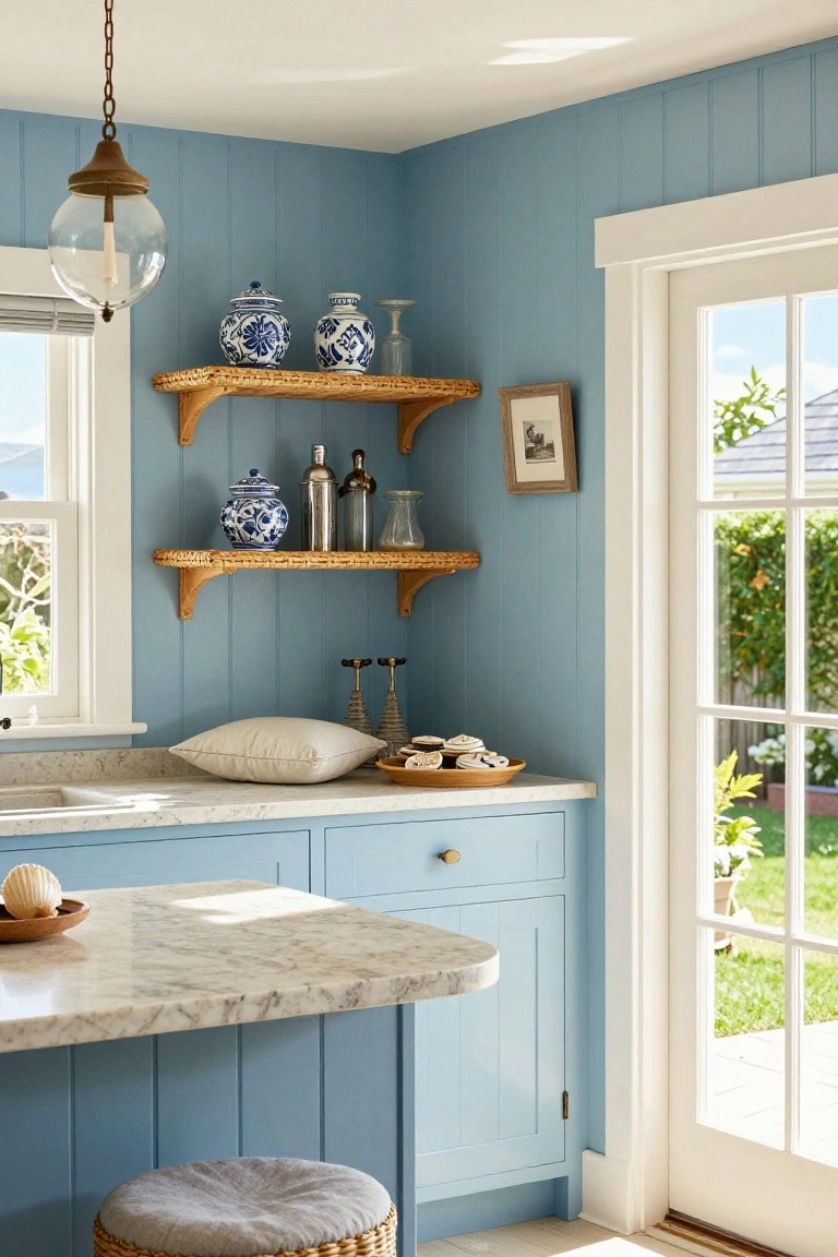 Kitchen corner featuring light blue shiplap walls with wooden wicker shelves displaying blue and white ceramics, glass bottles, and decanters, marble countertop with sink and shell dish, blue cabinet island with stool, and French doors to garden.