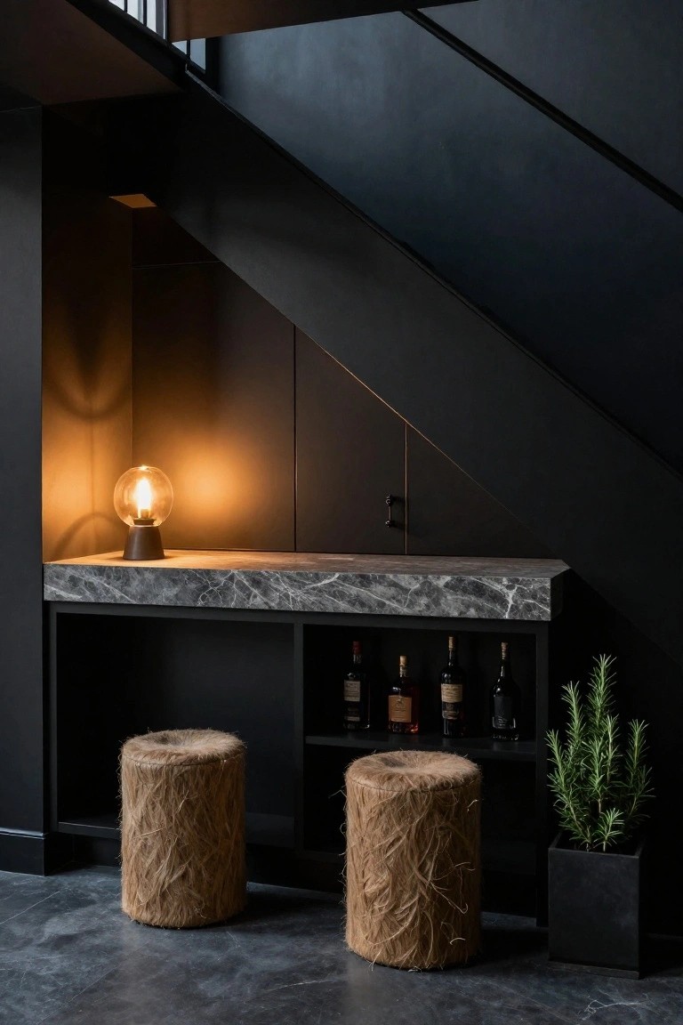 Dark built-in bar cabinet with gray marble countertop under black stairwell, warm globe lamp on counter, liquor bottles on shelves, rosemary plant, and two rattan stools on concrete floor.