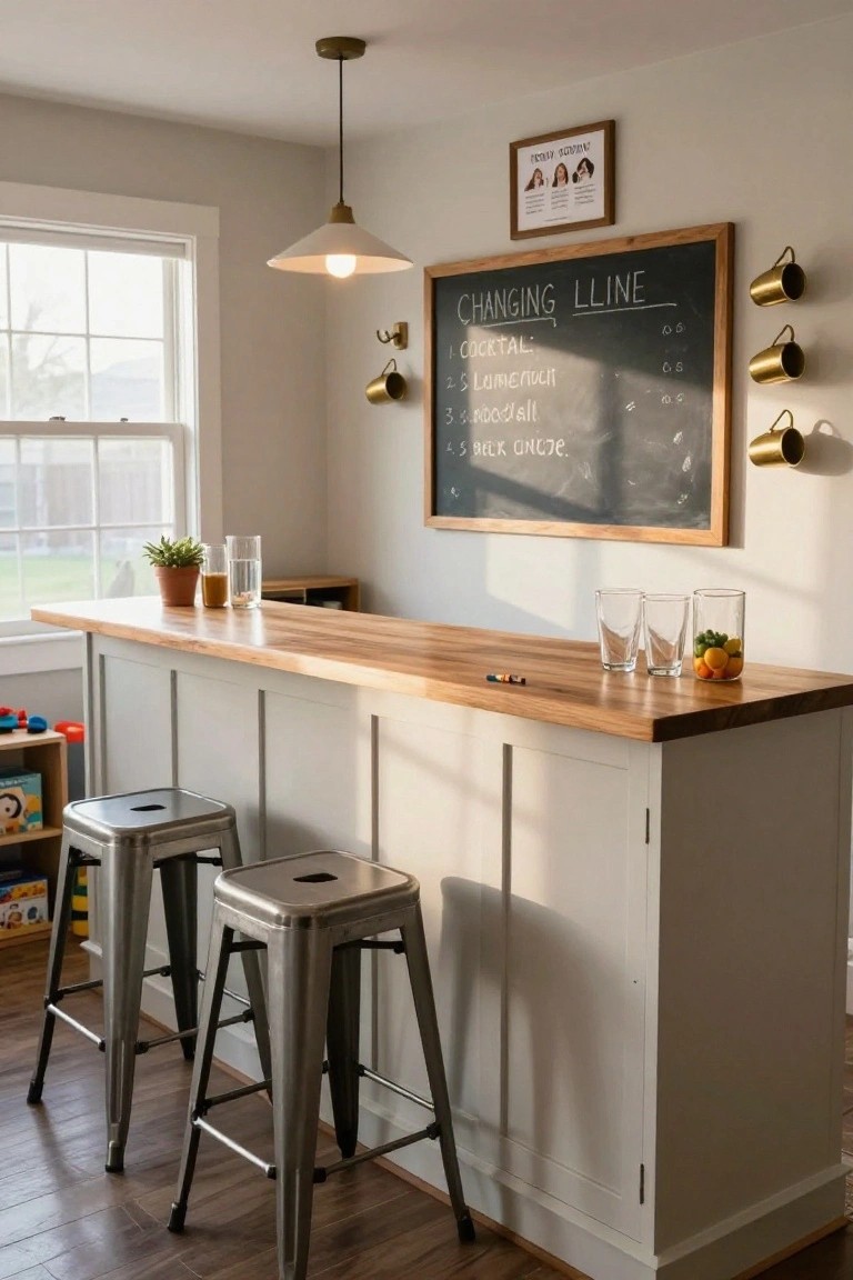 Light gray interior room with wooden bar counter, two silver metal stools, glasses and small plants on the top, and a large framed black chalkboard on the wall listing cocktails under "Changing Line," with brass mug hooks nearby.