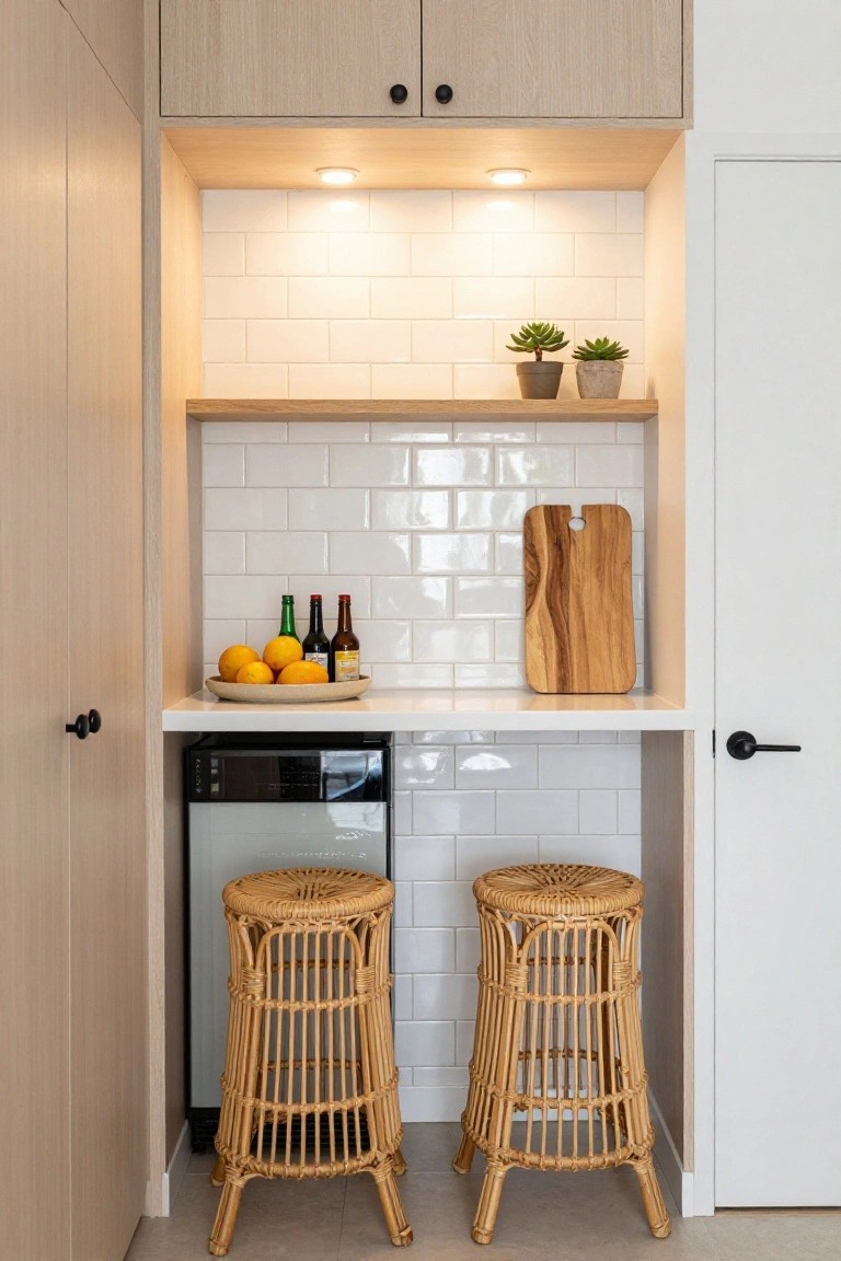 Compact indoor kitchen bar wall with white subway tile backsplash, wooden shelves holding plants, bottles, oranges, and a cutting board above a white counter over a mini-fridge, flanked by two rattan bar stools.