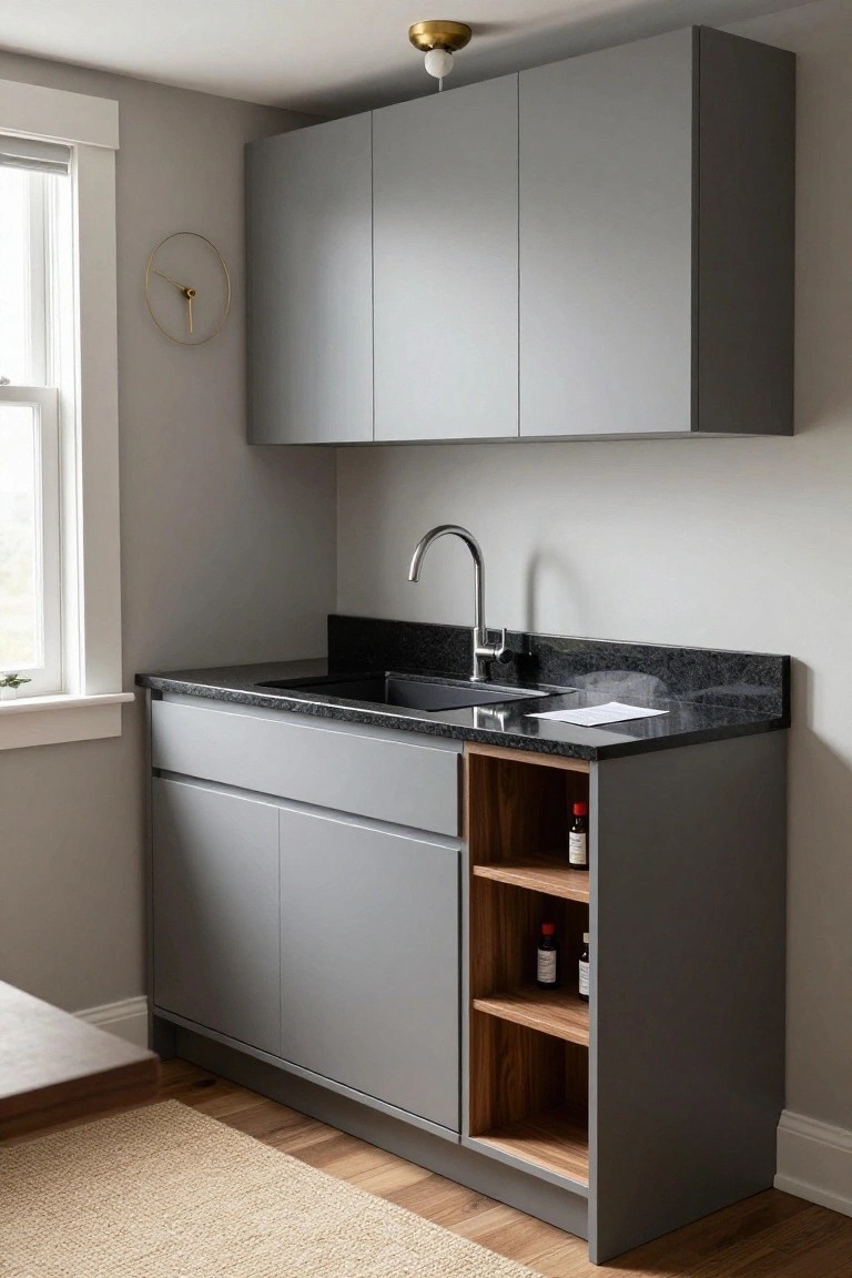 Gray cabinet bar wall unit with black granite countertop, stainless sink, open wood shelving holding bottles, upper cabinets, and a window in a light gray interior room.