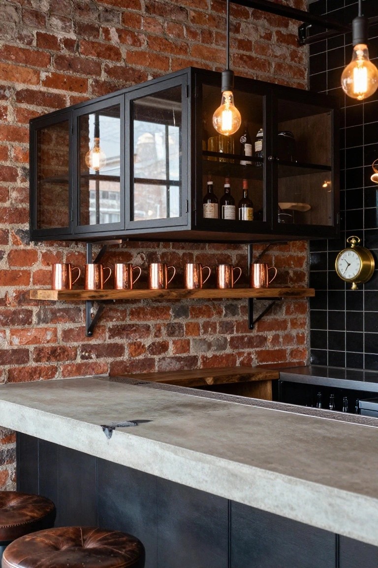 Close-up view of a home bar counter with exposed red brick wall, black metal cabinets with glass doors holding bottles, wooden shelf displaying rows of copper mugs, pendant lights, concrete countertop, and black leather stools.