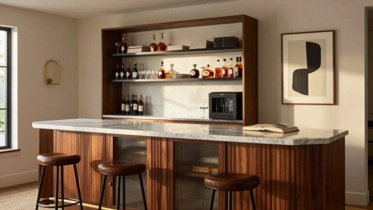 Home bar interior with wooden cabinets featuring slatted glass doors under a white marble countertop, four tan leather barstools, black floating shelves stocked with liquor bottles and glasses, a black mini fridge, and two brass pendant lights.