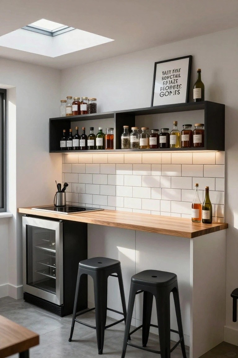Modern indoor kitchen bar counter with black floating shelves stocked with liquor bottles, jars, and spices above a white subway tile backsplash illuminated by LED lights, wood countertop, undercounter wine fridge, and two black stools.