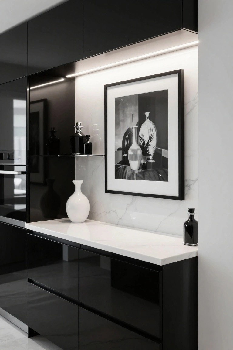 Close-up of a modern kitchen bar wall with glossy black cabinets, white marble countertop and backsplash, floating glass shelf holding bottles, and a large black-and-white framed photo of vases on the wall.