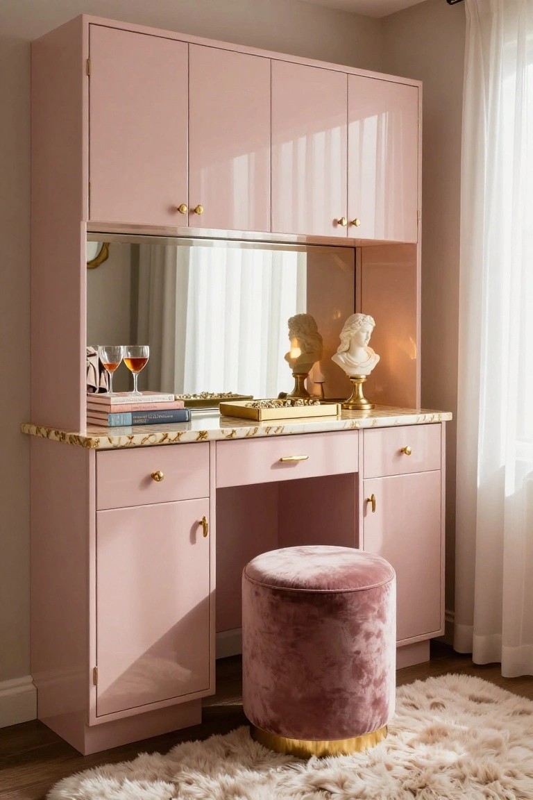 Tall pink lacquered cabinet unit with upper mirror, marble countertop displaying wine glasses, gold trays, books, and bust sculptures, plus a matching pink velvet stool on a fluffy rug in a room with white curtains.