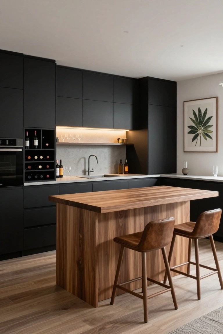 Modern kitchen with black matte cabinetry featuring built-in wine racks next to an oven, lit upper shelves holding glasses, a central wooden island with two leather bar stools, and a gray countertop sink area.