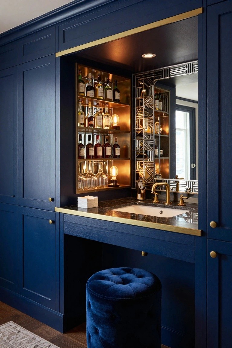 Navy blue cabinets with brass accents forming a bar wall that includes backlit shelves stocked with liquor bottles, a brass-framed mirror, integrated black marble sink and vanity, and a blue velvet pouf stool.