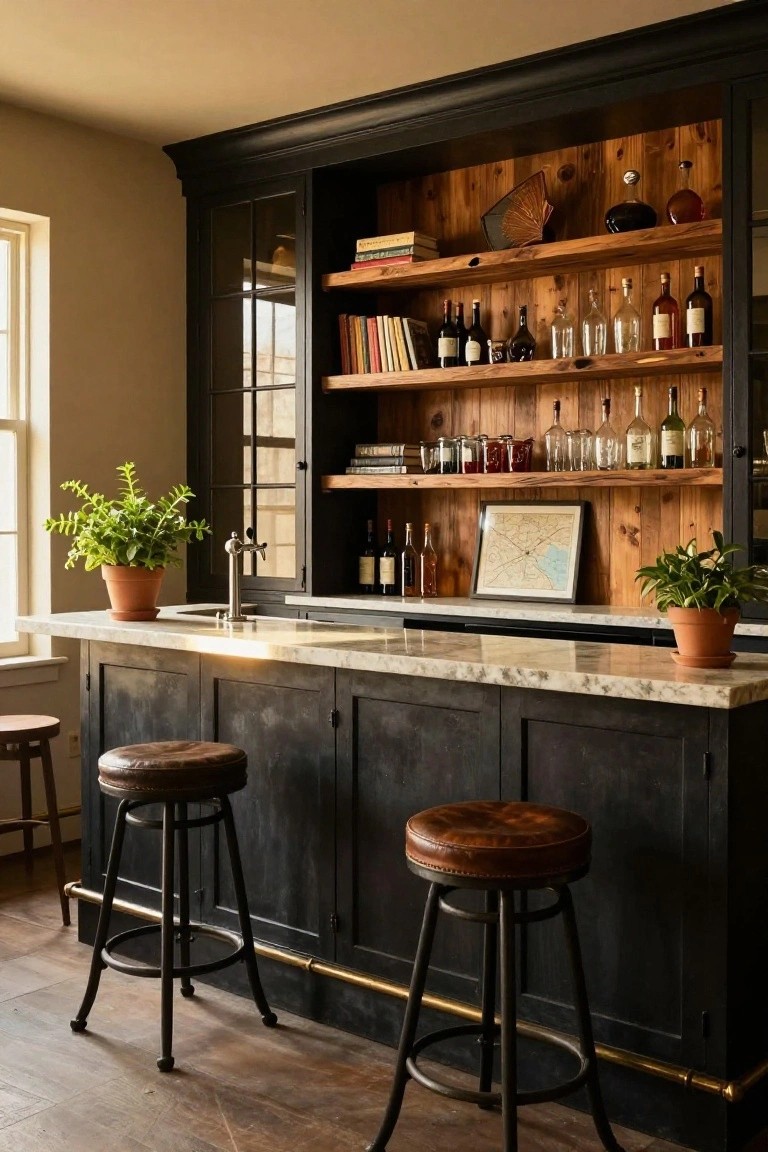 Home bar with black cabinets enclosing open reclaimed wood shelves displaying liquor bottles, glassware, books, and decor, a white marble countertop with sink and faucet, two leather bar stools, and potted plants near a window.