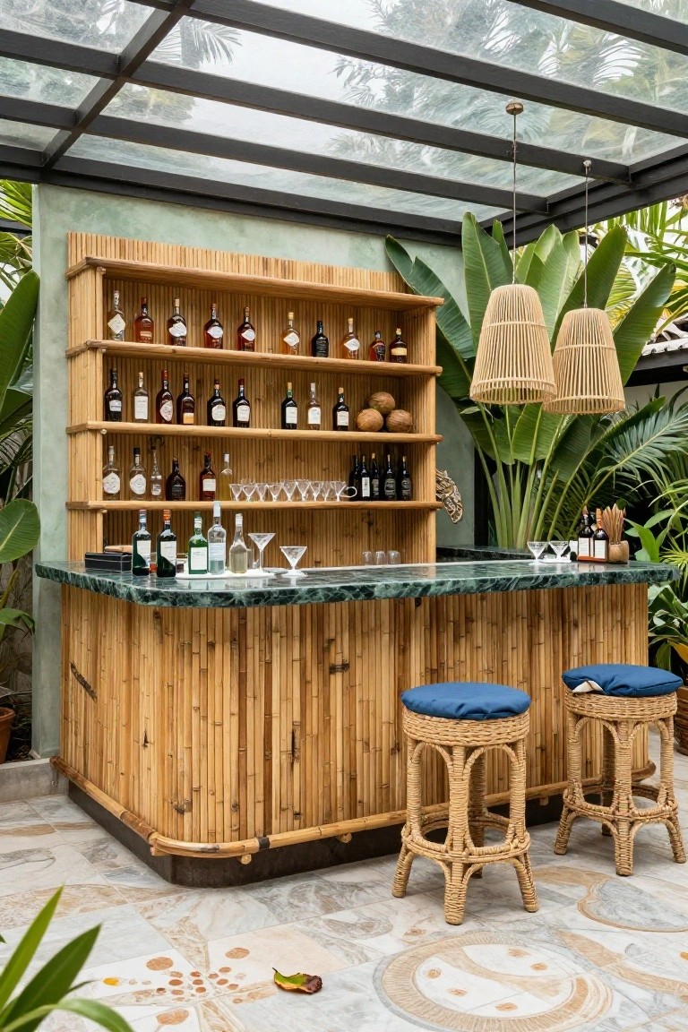 Outdoor bamboo bar with green marble countertop, shelves stocked with liquor bottles and glasses, rattan stools, tropical plants, and hanging pendant lights under a glass roof.