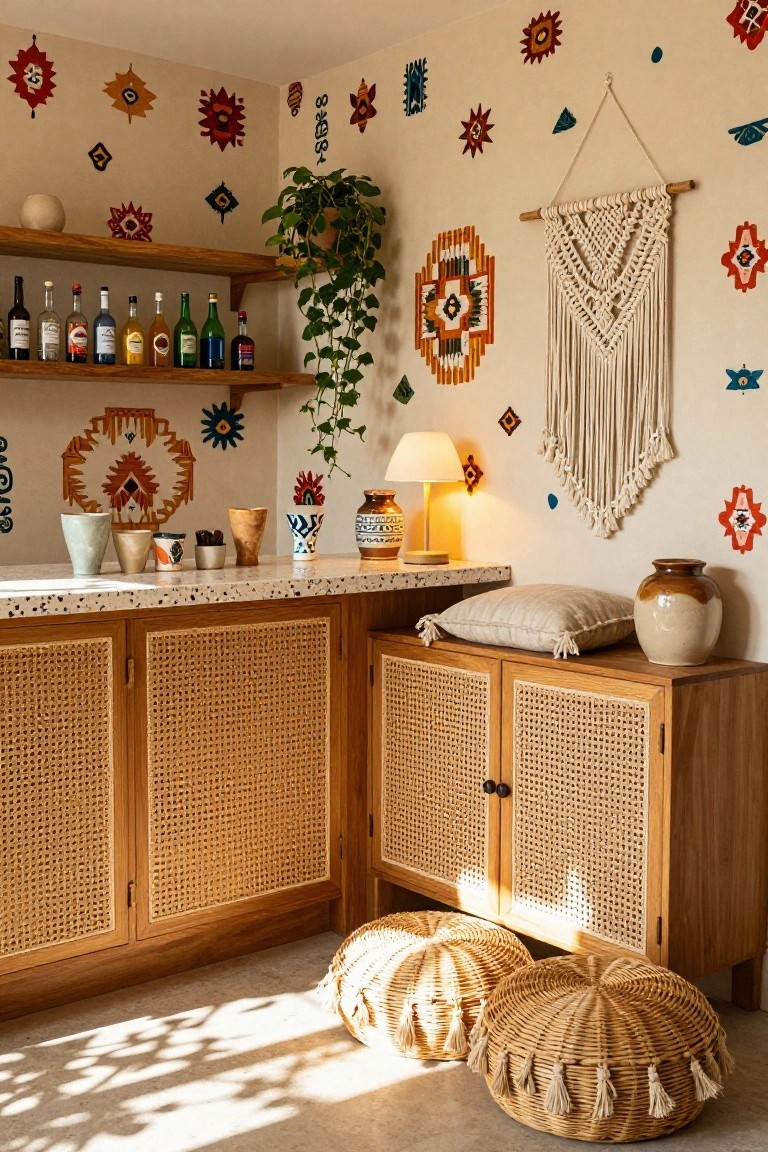 Kitchen bar area featuring light wood cabinets with rattan fronts under a terrazzo countertop, wooden shelves above holding assorted liquor bottles, colorful geometric wall murals, hanging macrame, potted plants, ceramic cups and vases on the counter, and woven poufs on the floor.