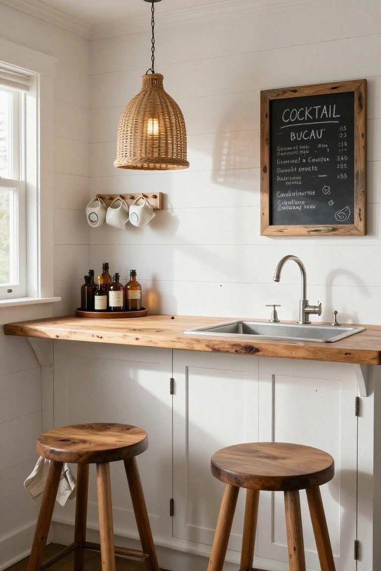 Indoor bar wall with live-edge wooden countertop and sink, two wooden stools, tray of glass bottles, white ceramic mugs on hooks, woven pendant light, and chalkboard cocktail menu framed on white shiplap wall.