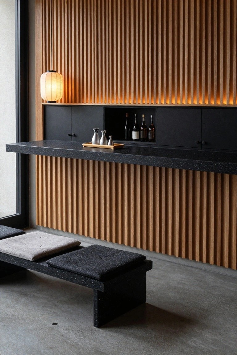 Indoor bar area featuring vertical light wood slat wall with integrated black cabinets and countertop displaying bottles and glass decanters, a fabric lampshade light, and a low black bench with cushions in front.
