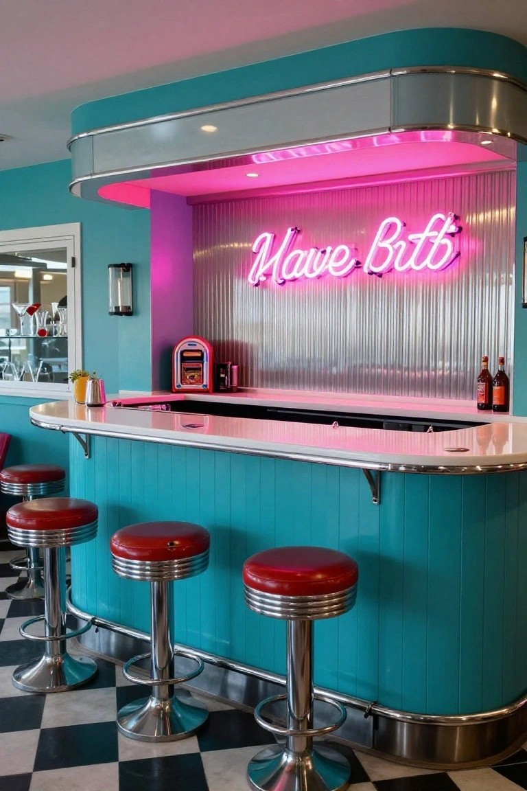 Curved turquoise bar counter with red vinyl stools on chrome bases, ribbed silver metal wall behind with pink neon "Wave-Bitt" sign, small red jukebox, and black-and-white checkered floor in a retro interior.