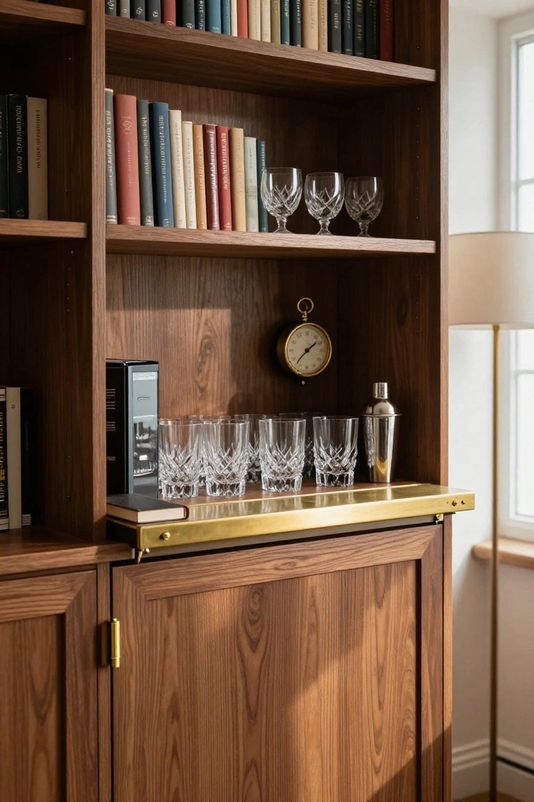Tall walnut wood bookcase with books on upper shelves, crystal glasses and cocktail shaker on a protruding brass shelf at the bottom, a round wall clock mounted inside, and a lamp visible nearby.