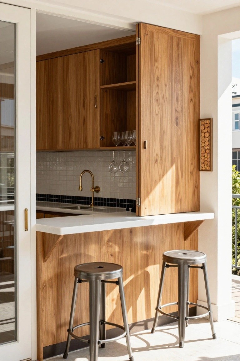 Outdoor bar on a balcony with open bi-fold wooden cabinet doors revealing shelves and hanging glasses, white countertop, gold gooseneck faucet, black subway tile backsplash, and two metal bar stools.