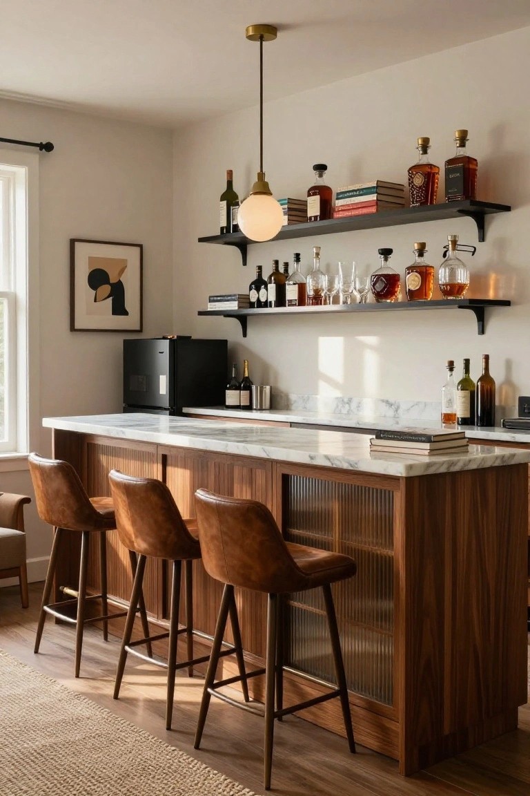 Home bar interior with wooden cabinets featuring slatted glass doors under a white marble countertop, four tan leather barstools, black floating shelves stocked with liquor bottles and glasses, a black mini fridge, and two brass pendant lights.