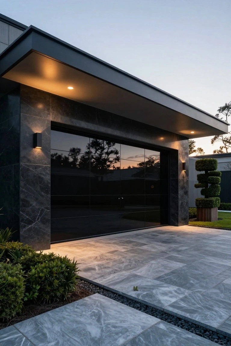 Modern garage facade clad in black marble tiles with frameless glass doors, cantilevered dark canopy, wall-mounted lights, topiary shrubs, and gray stone pavers leading to a gravel edge at dusk.