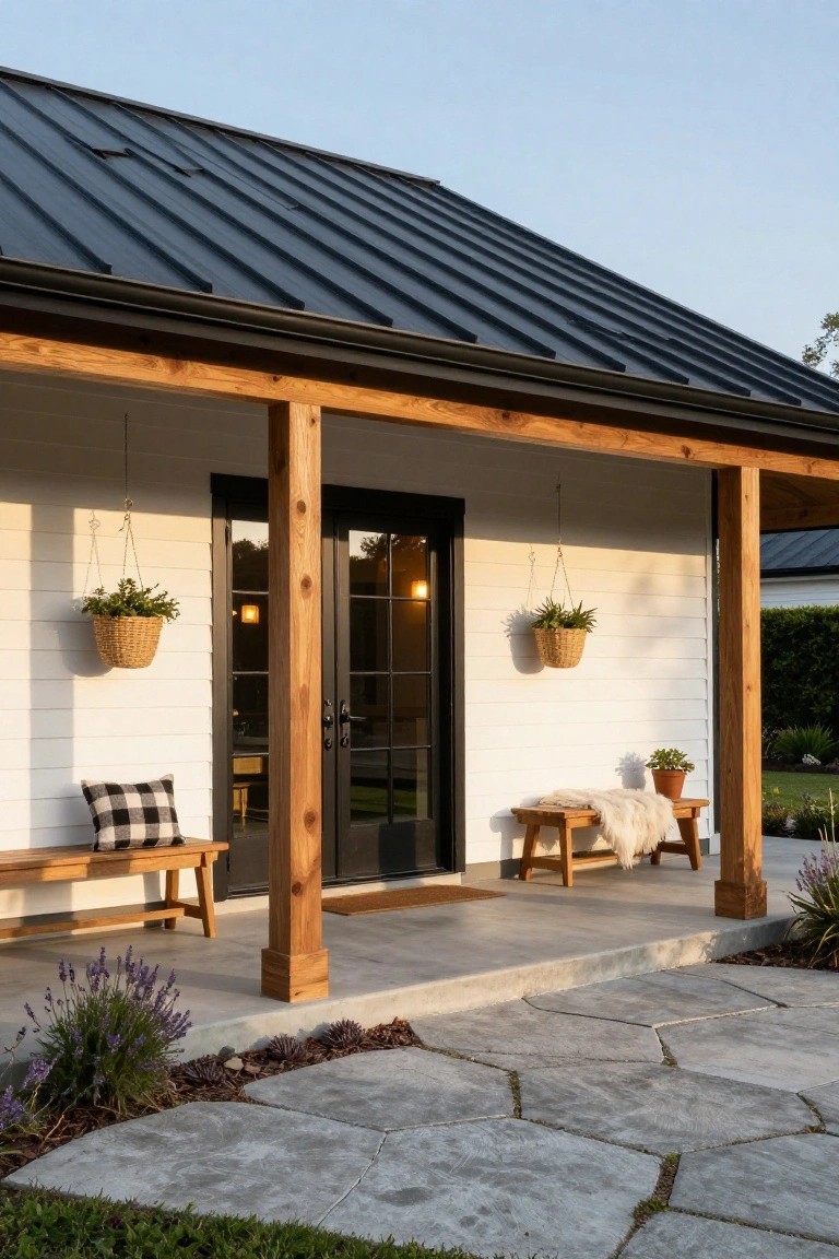 White shiplap sided house with sloped black metal roof, wooden porch supported by posts, black framed double doors, hanging basket plants, wooden benches on concrete porch, small potted plant, and paver stone path edged with lavender and succulents.