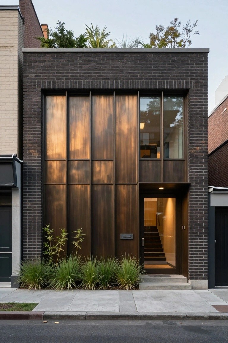 Front exterior of a narrow three-story brick house with vertical bronze metal cladding panels on the facade, large multi-pane windows, glass entry door with stairs, front grasses and bamboo planting, and adjacent buildings on a city street.