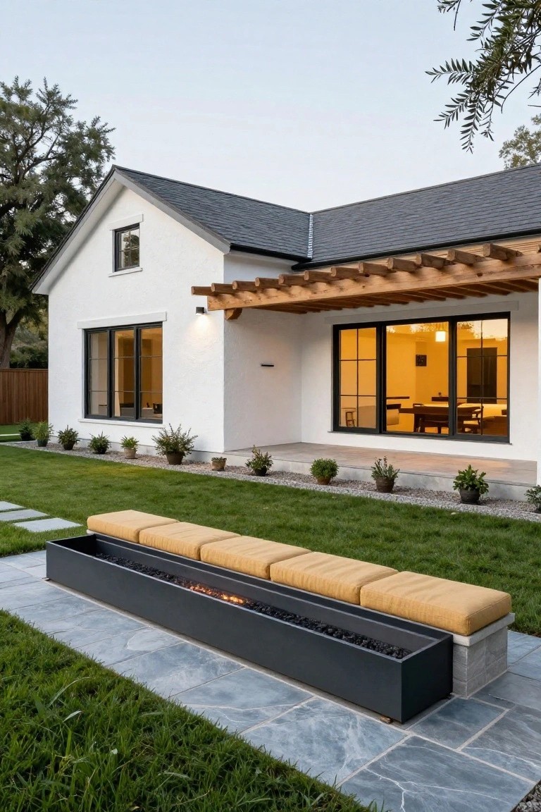 White stucco house exterior with black-framed windows, wooden pergola over a patio, yellow cushioned benches atop a long black linear fire pit on gray slate pavers, surrounded by green lawn and plants.